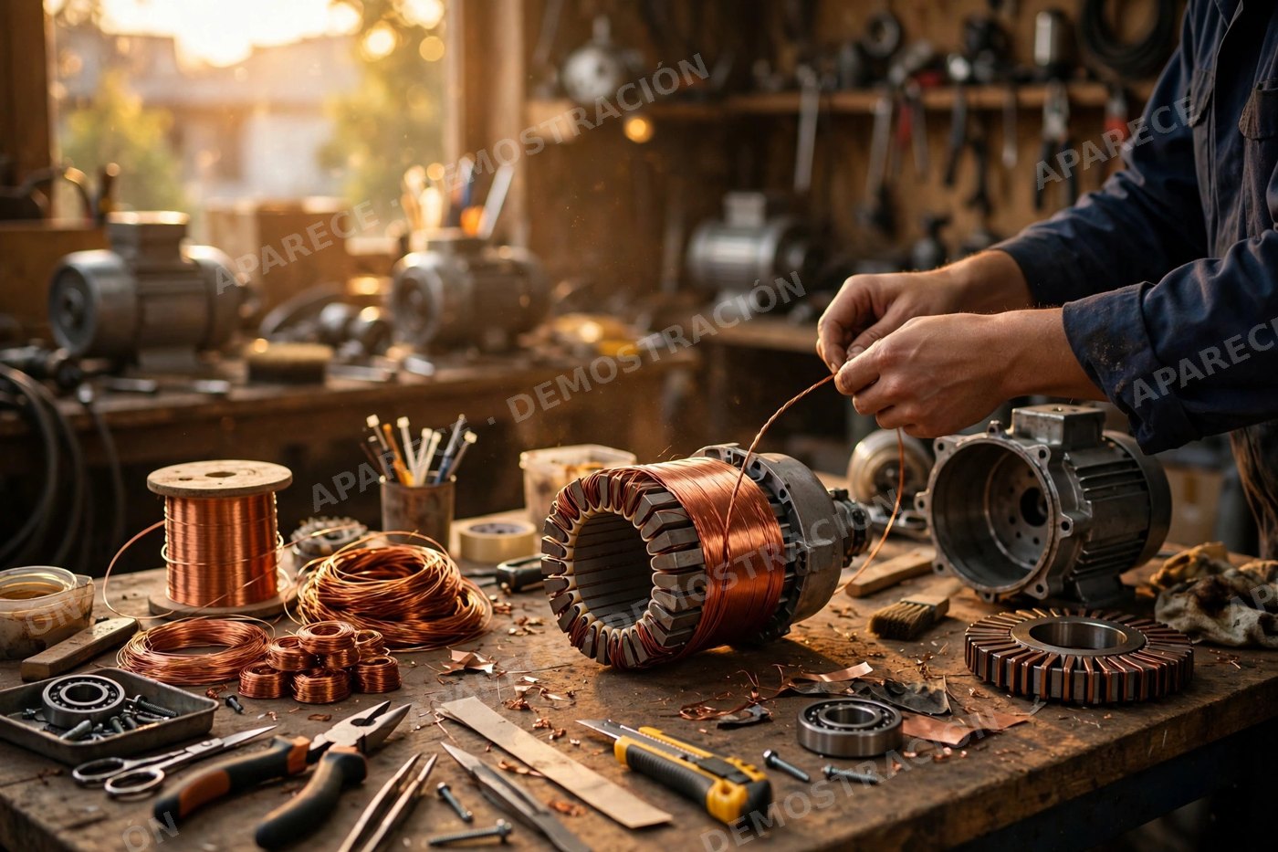 Bobinado de un motor eléctrico con alambre de cobre en un taller