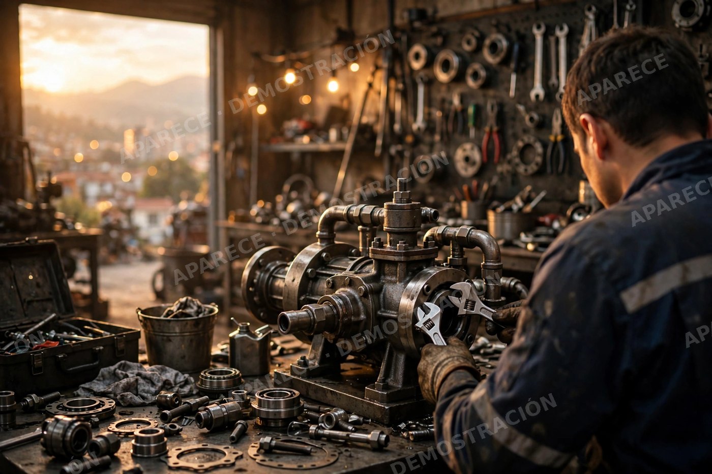 Técnico reparando una motobomba en un taller a la luz dorada